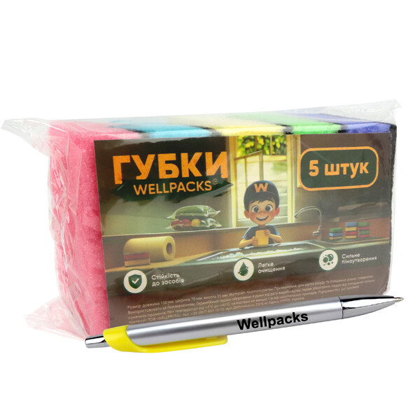Губка кухонна Foam пориста "WellPacks" 100х70х35 мм 5 кольорів 5 шт./Губки та серветки господарчі
