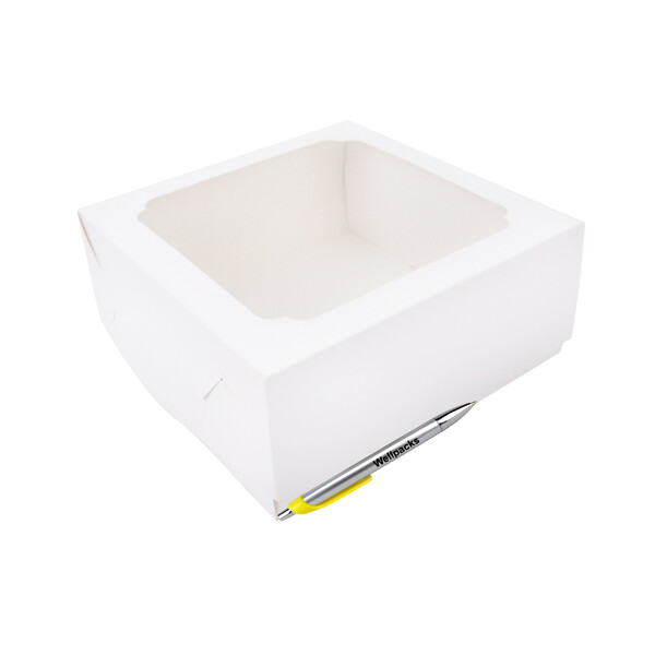 Коробка самозбірна під десерт (торт) 200х200х90 мм з вікном білий 50 шт./