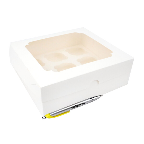 Коробка самозбірна під десерт (капкейк, №9) 250х240х90 мм з вікном білий 50 шт./