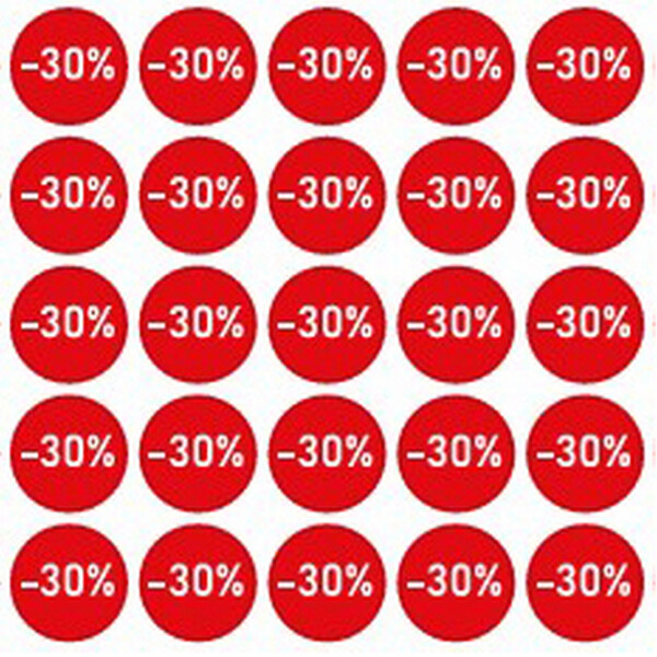 Наклейки "Скидка -30%" &Oslash; 20 мм 216 шт. 1 лист/