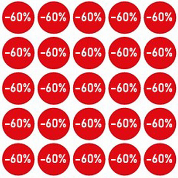 Наклейки "Скидка -60%" &Oslash; 20 мм 216 шт. 1 лист/