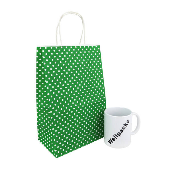 Бумажный пакет с ручками 190х120х280 мм зеленый крафт в горох 50 шт.